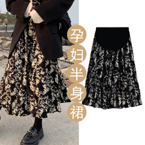 Maternity skirt autumn and winter wear black floral skirt versatile belly-supporting high-waisted mid-length skirt spring and autumn long skirt