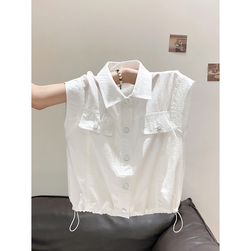 Korean Style Simple Lapel Sleeveless Shirt for Women, New Summer White Drawstring Design, High-End Loose Top