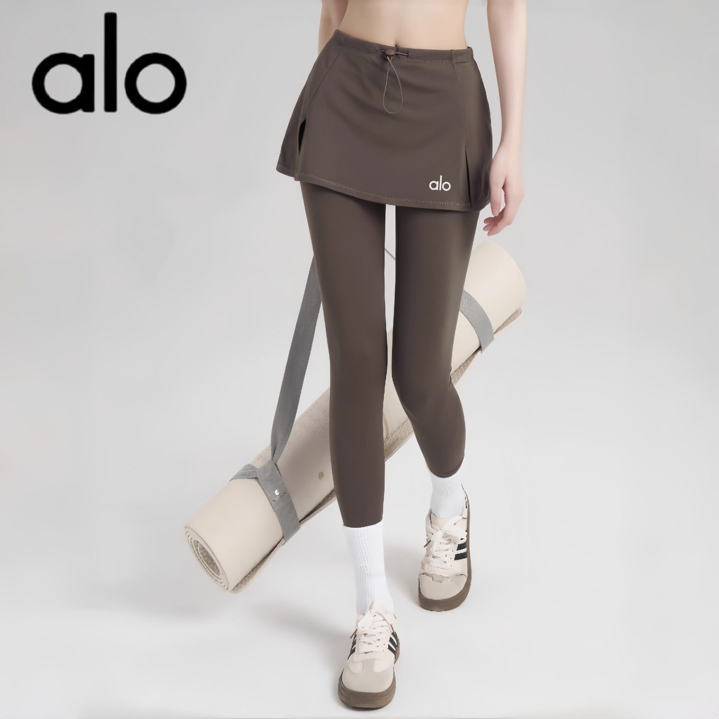 AIo フリース裏地付きヨガスカートパンツ（女性用） - 恥ずかしさを感じさせないフィットネスパンツ、ハイウエスト、暖かいフェイクレザーのツーピースランニングスポーツパンツ、秋冬用