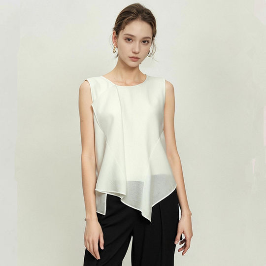 妖精的商场同款法式设计感雪纺衫女2025年夏季荷叶边醋酸无袖小衫
