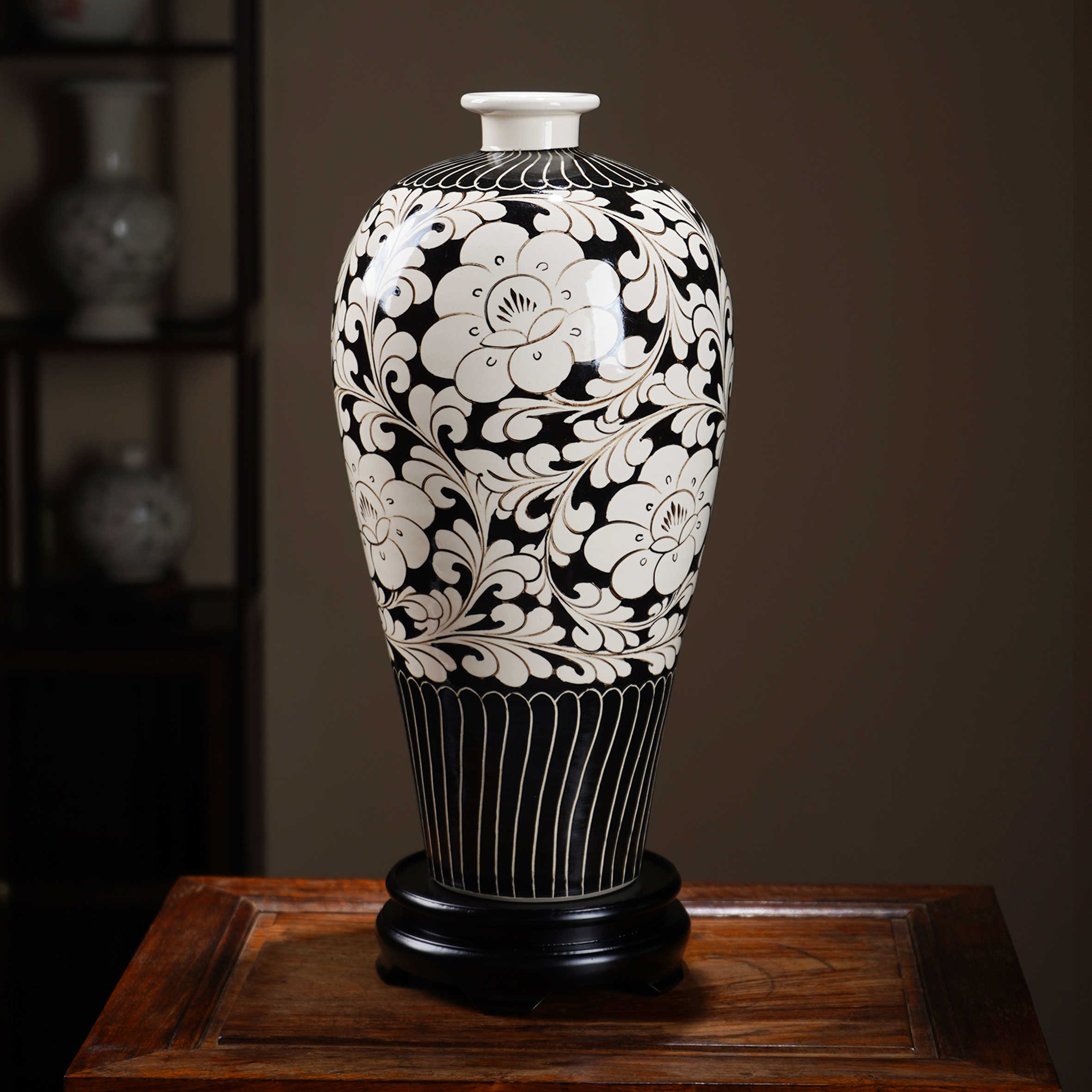 琴》中国古玩 磁州窯 龍文花瓶 壺 古美術品 BO175 景徳鎮