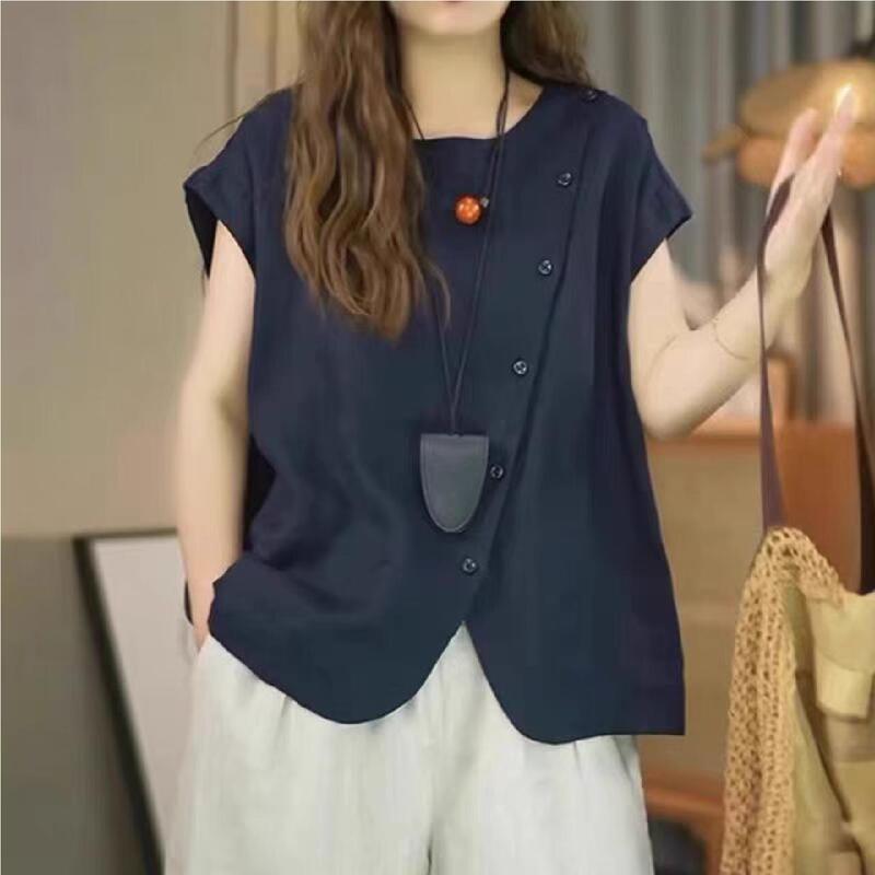 Cotton and Linen Short-Sleeved Tops for Women in Summer, Slimming, Classy and Elegant Shirts, Loose Linen Casual Slanted Collar Irregular Shirts Cotton and Linen Short-Sleeved Tops for Women in Summer, Slimming, Classy and Elegant Shirts, Loose Linen Casual Slanted Collar Irregular Shirts