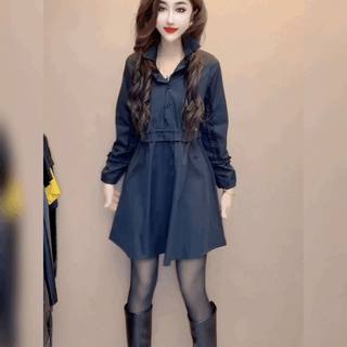 法式收腰V领连衣裙女木耳边衬衫裙设计感翻领打底裙赫本风小黑裙