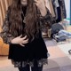 Ruffled black loose hip-covering mid-length top, lazy style overshirt, gold velvet patchwork chiffon shirt for women