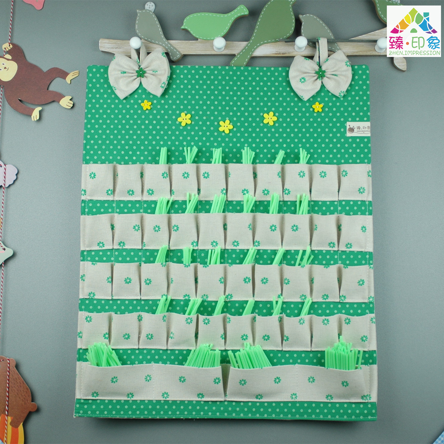 Kindergarten drinking water record bag storage bag straw bag pure cotton fabric handmade customizable storage hanging bag ice cream stick