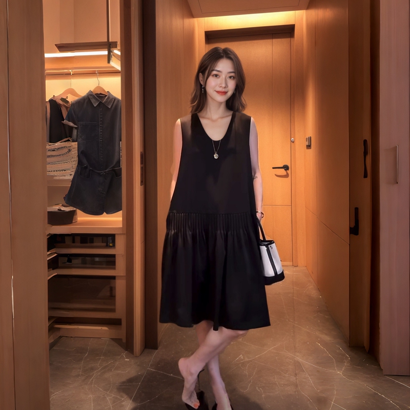Plus Size Women's Summer New Style Loose Slimming Sleeveless Pleated Fashionable Elegant Tank Dress for Women