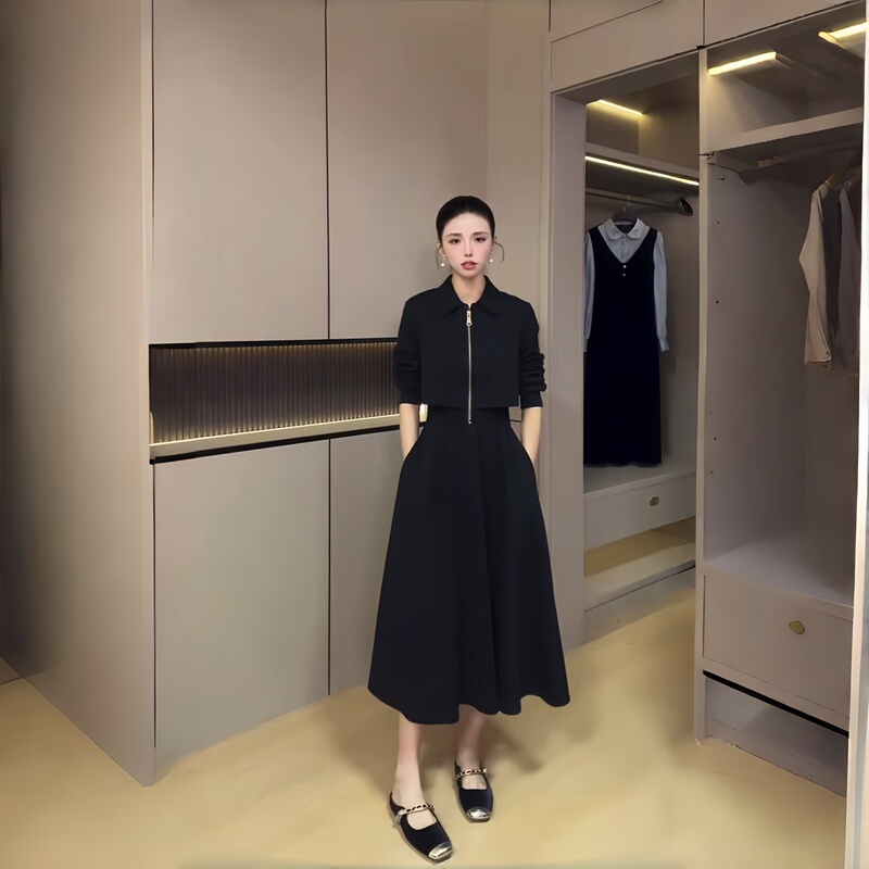 Plus-Size Women's Clothing, New Autumn Style, Hepburn-Style Black A-Line Mid-Length Dress, Slimming and Covering the Body, Elegant Style for Plus-Size Women Plus-Size Women's Clothing, New Autumn Style, Hepburn-Style Black A-Line Mid-Length Dress, Slimming and Covering the Body, Elegant Style for Plus-Size Women