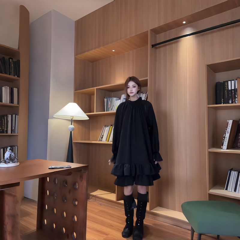 Plus Size Women's Clothing, New Autumn Black Long-Sleeved Dress, Slimming and Flattering with Ruffled Layers, Mid-Length Elegant Dress