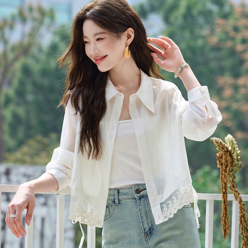 Short Lace Patchwork Sun Protection Shirt Cardigan for Women, Summer 2026 New Lightweight Breathable Outerwear