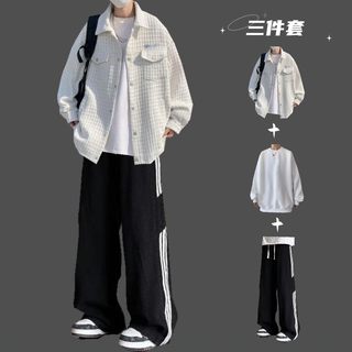 小香风外套男生春秋季休闲套装学生酷帅穿搭夹克美式复古三件套潮