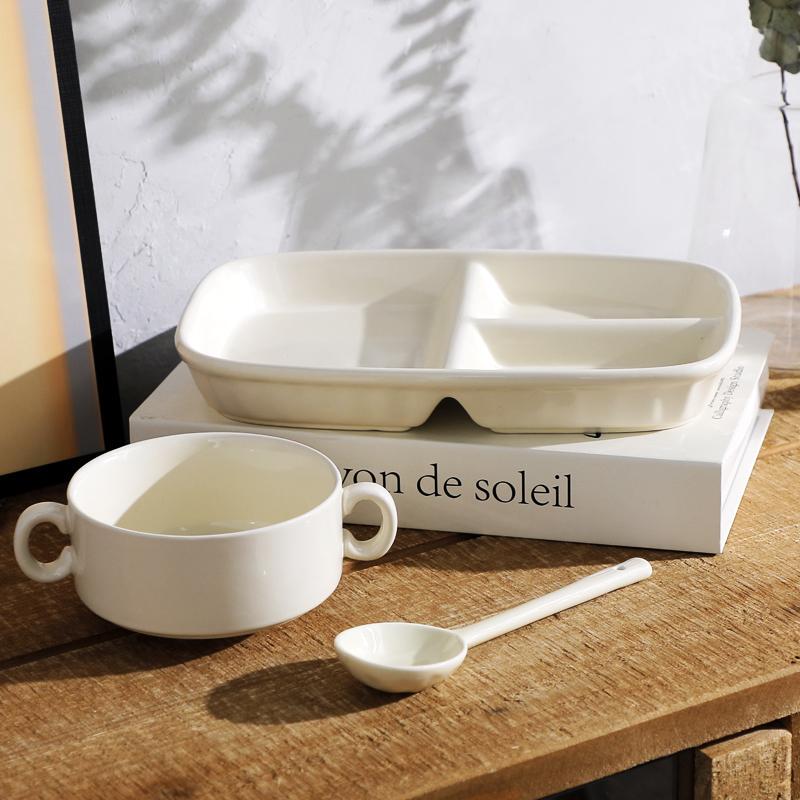 Single-Serving Cream-Colored Ceramic Dinner Plate, Double-Handle Bowl, Long-Handled Spoon Set, High Aesthetic Value, Instagram-Style Tableware, Creative Divided Plate