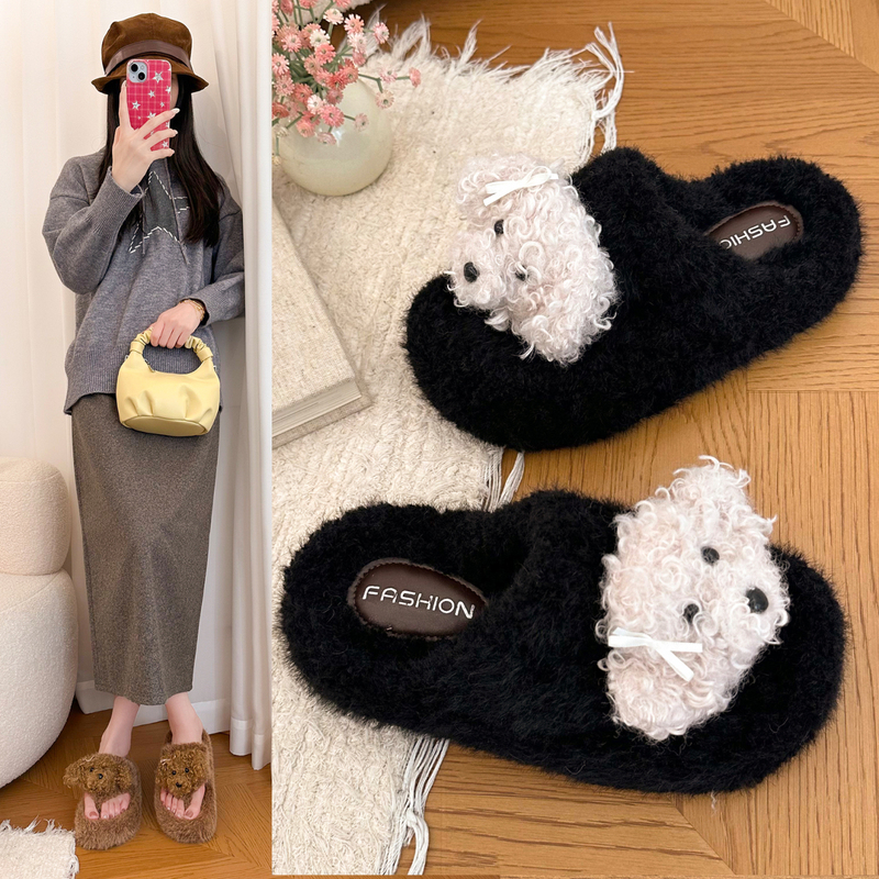 Cartoon Puppy Fur Slippers for Women 2026 Autumn New Thick-Soled Lightweight Non-Slip Flip-Flops for Home and Outdoor Use