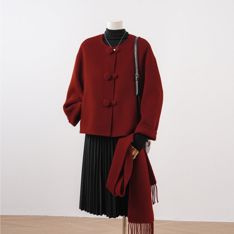 2026 Autumn and Winter New Red Double-Sided Wool Scarf Short Coat for Petite Women Wedding Christmas Woolen Coat