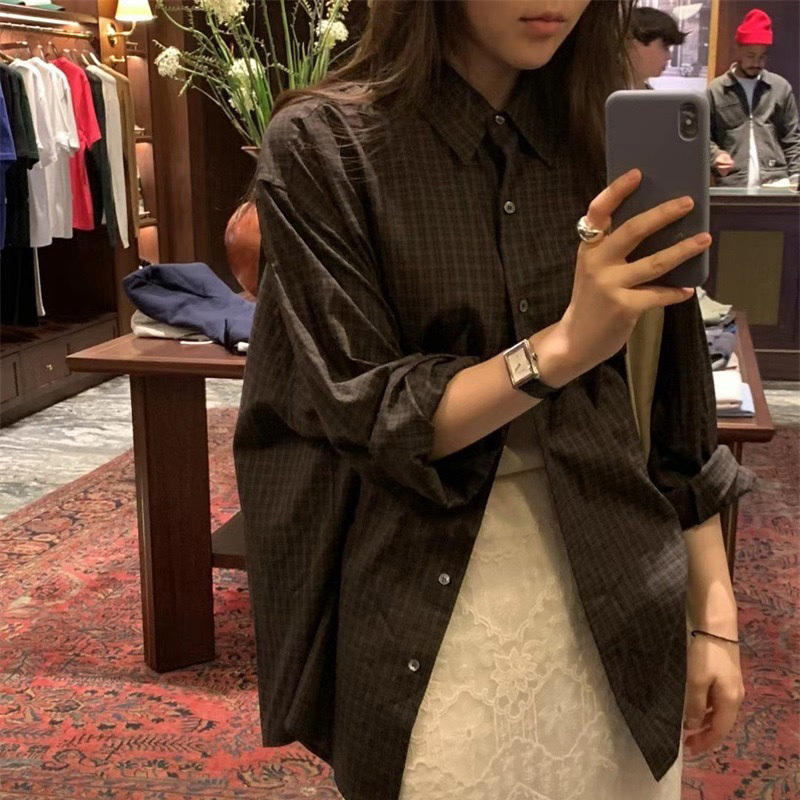 Dark Brown Plaid Shirt for Women, Spring and Autumn, Retro Hong Kong Style, Loose, Casual, Workwear, Unique Shirt, Sun Protection Top