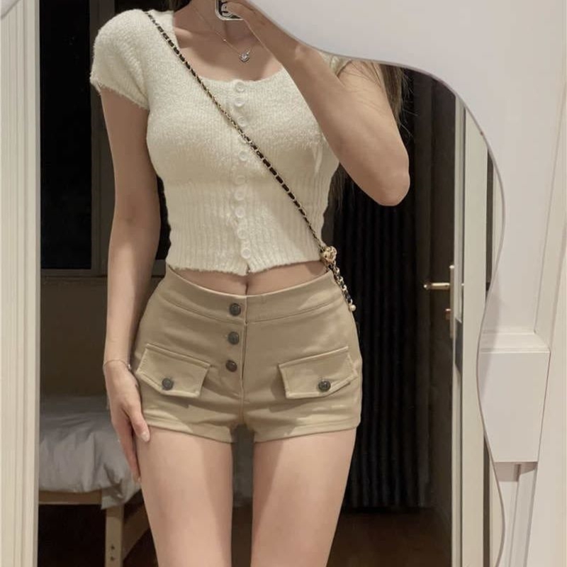 Petite Khaki Thin Stretch Denim Ultra-Short Shorts for Women, Summer Millennium American Style Low-Waist Hot Girl Hip-Hugging Shorts