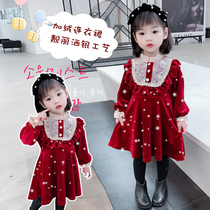 Girls dress with dress plus velvet winter clothing new foreign air princess dress Korean version little girl New Year dress red velvet dress