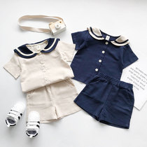 Male And Female Child Spring Clothing Short Sleeves T-shirt Children Suit Navy Wind Two Sets Small Children Sports Clothes Kindergarten School Uniforms