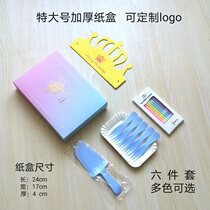 New birthday cake tableware six-piece disposable cake knife and fork tray carton candle birthday cap set combination