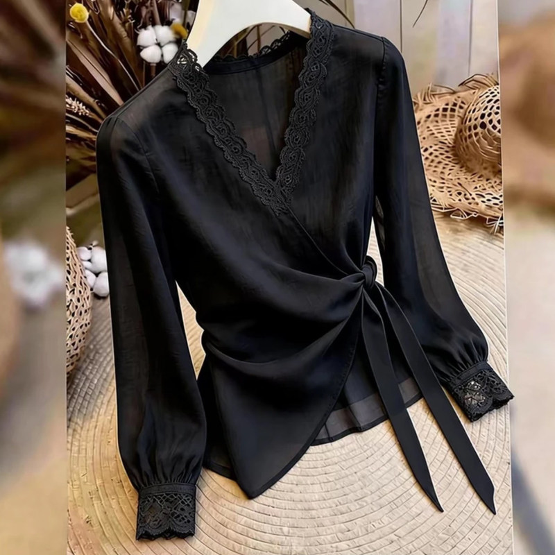 Black V-Neck Lace Patchwork Long-Sleeved Shirt for Women with Tie-Up Waist and Wrap-Around Style, Elegant and Versatile Top Black V-Neck Lace Patchwork Long-Sleeved Shirt for Women with Tie-Up Waist and Wrap-Around Style, Elegant and Versatile Top