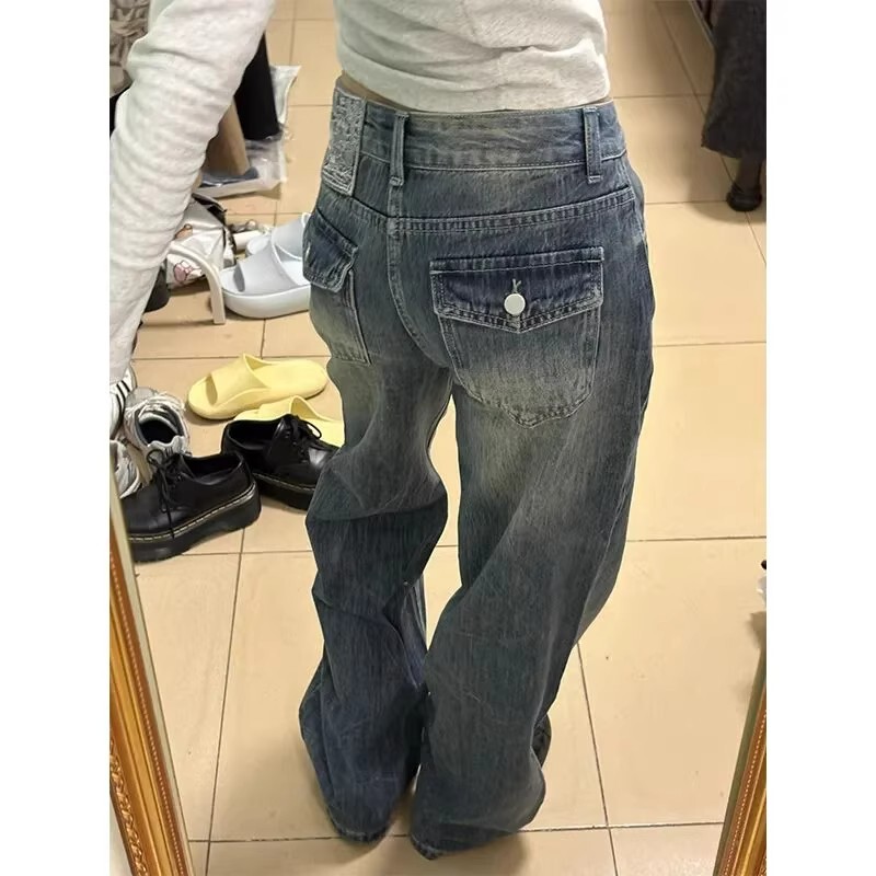 Petite Vintage Washed Straight-Leg Jeans for Women, Low-Waisted, Loose-Fitting, Slimming, Designer Embroidered Logo Wide-Leg Pants