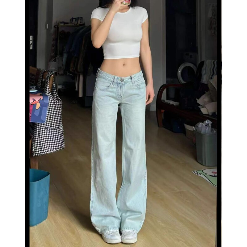 Petite Women's Light-Colored Washed Loose Wide-Leg Jeans, American Style, Low-Waisted, Slimming, Drapey, Floor-Length Straight Pants
