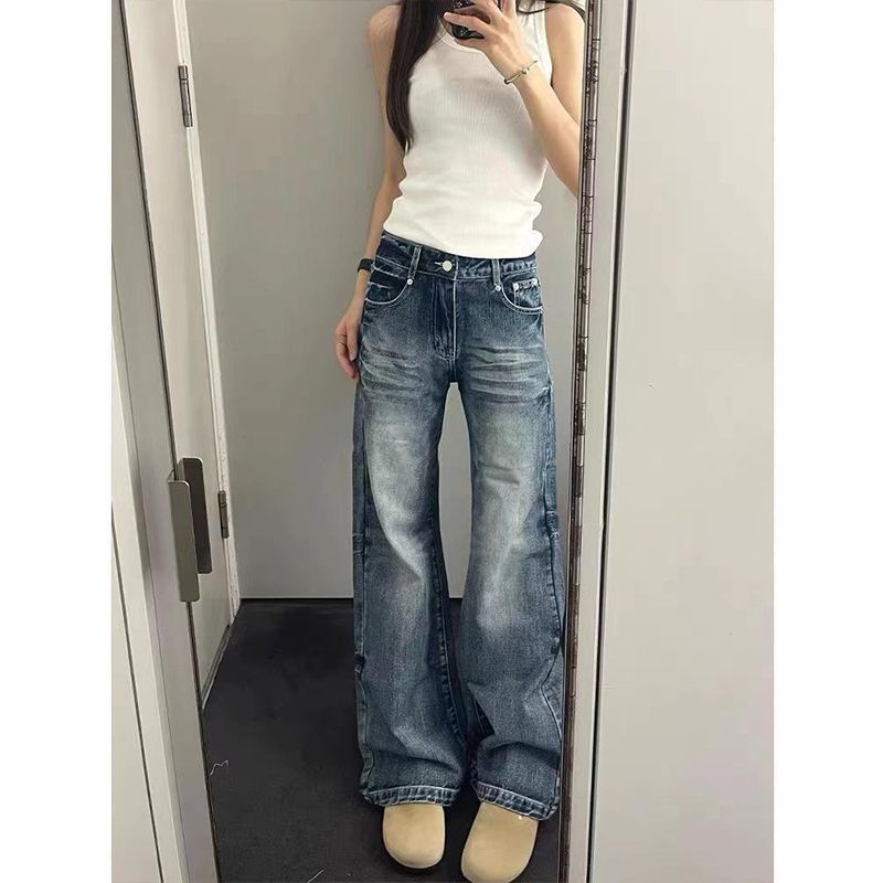 Petite Vintage Washed Cracked Micro-Flared Jeans for Women, American Style, High-Waisted, Loose, Slimming, Wide-Leg Pants Petite Vintage Washed Cracked Micro-Flared Jeans for Women, American Style, High-Waisted, Loose, Slimming, Wide-Leg Pants