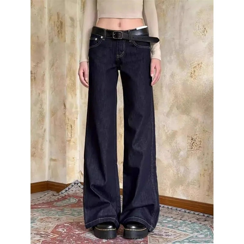 Petite American-Style Spicy Girl Low-Waisted Dark Blue Jeans for Women, Loose Fit, Slimming, Versatile, Drapey, Slightly Flared, Floor-Length Pants Petite American-Style Spicy Girl Low-Waisted Dark Blue Jeans for Women, Loose Fit, Slimming, Versatile, Drapey, Slightly Flared, Floor-Length Pants