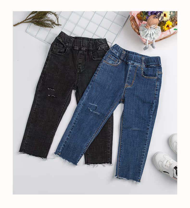 Cô gái jeans 2018 mùa hè mới của Hàn Quốc phiên bản của denim cotton lỗ trong trẻ em lớn stretch Slim hoang dã cắt quần