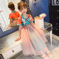 Girls Hanfu Dress Short sleeve Childrens princess dress 2021 summer new foreign style net red yarn long dress baby performance