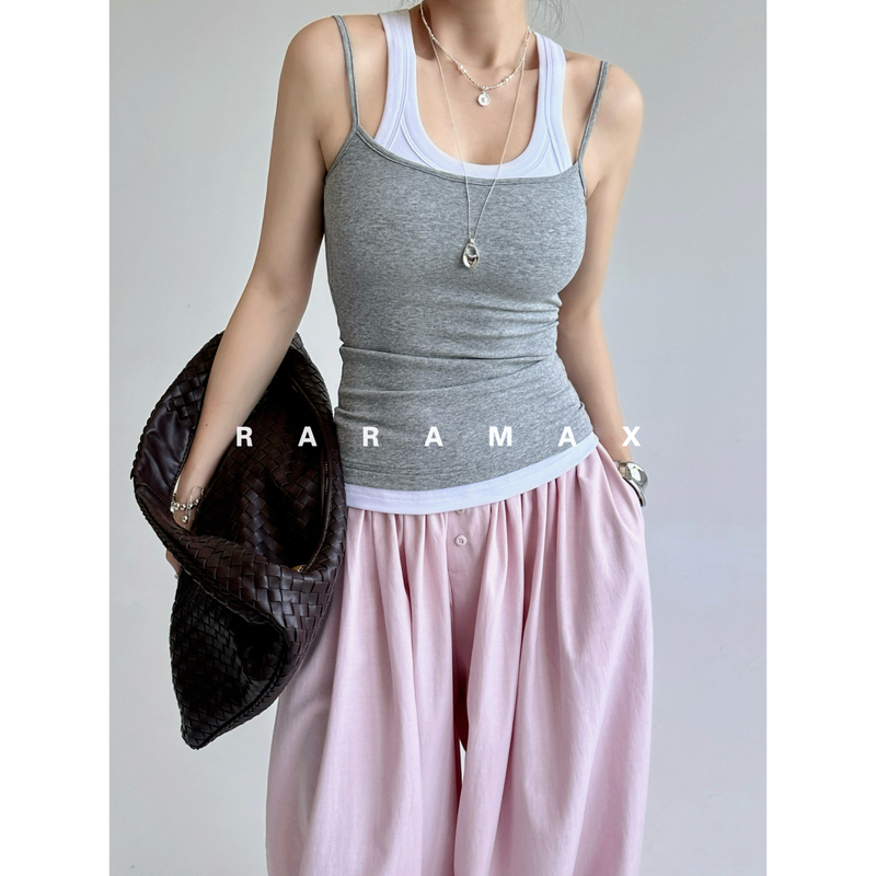 Raramax Brand Tank Top ~ with Chest Pads ~ O-Shaped Slimming High-Elastic Shaping, Non-Clingy Faux Two-Piece Racerback Camisole