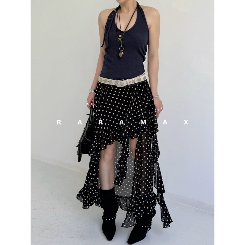 Raramax Is so Beautiful It's Hard to Breathe~ Rayon Crepe De Chine~ Irregular Hem~ Slimming Retro Polka Dot Long Skirt