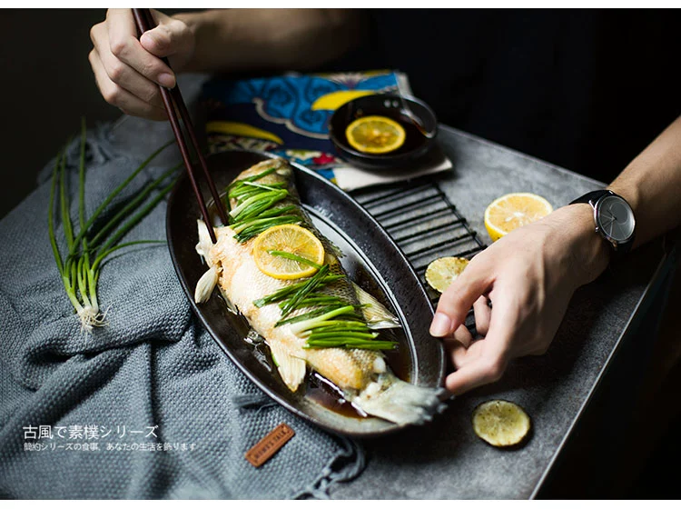 Nhật Bản thay đổi lò nung gốm hình bầu dục lớn tấm cá nhà hàng đặc biệt sáng tạo bộ đồ ăn gia đình món cá hấp đĩa