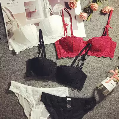 French sexy lace 1 2 half cup thin comfortable underwear set girl sponge-free bra micro-gathered underwear