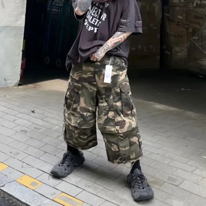 Project G/R Style Washed Multi-Pocket Fringed Camouflage Workwear Capri Pants M65 Two-In-One Detachable Shorts