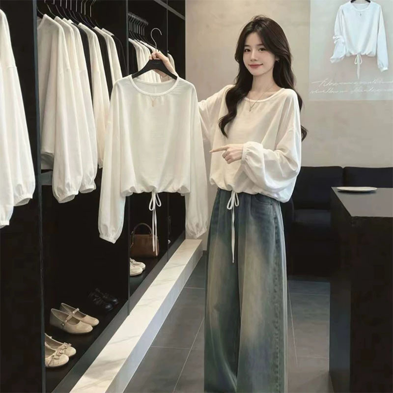Designed with a Sense of Style, the Hem Features Tie Straps to Cinch the Waist, Long-Sleeve T-Shirt for Women, New Autumn Style, Loose Fit, Slimming Short Top Designed with a Sense of Style, the Hem Features Tie Straps to Cinch the Waist, Long-Sleeve T-Shirt for Women, New Autumn Style, Loose Fit, Slimming Short Top