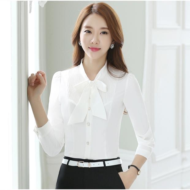 Áo sơ mi trắng tay dài voan mới 2018 mùa xuân mới nơ thời trang chuyên nghiệp áo sơ mi cộc tay áo sơ mi kẻ nữ dài tay