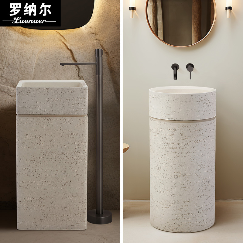 Japanese Wabi-Sabi Style Unique Travertine Washbasin Square and Round Integrated Floor-Standing Washstand Creative Art Pedestal Basin