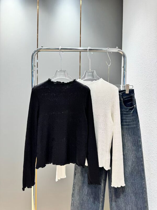 Brand 26 Autumn New Style Korean-Style Embossed Ruffled Half-High Collar Lace Jacquard Knitted Sweater