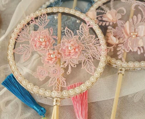 Детский круглый веер, ханьфу, аксессуар, с вышивкой, в цветочек