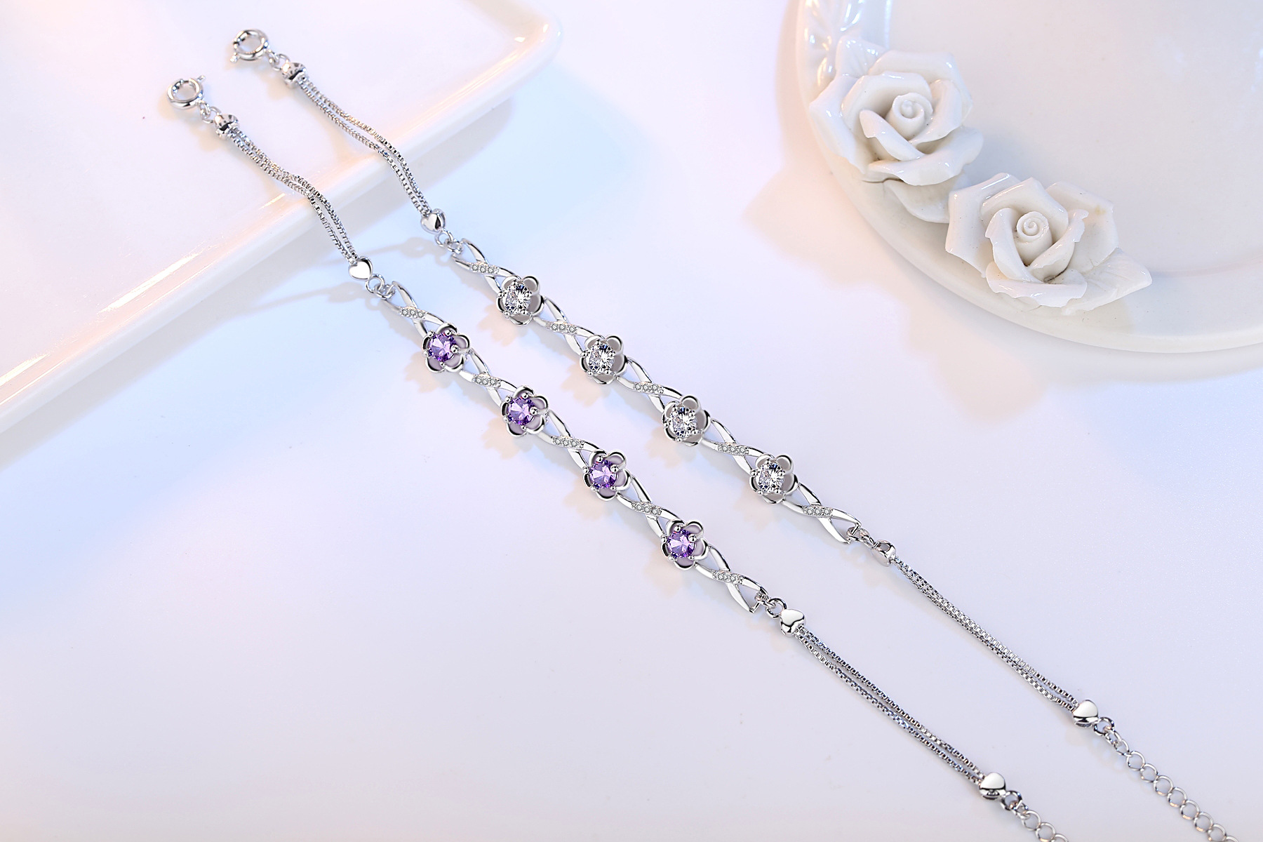 Sansheng Sanshi Shili Taohuayuan sterling bạc vòng đeo tay cô gái mận hoa tay tay trang sức kim cương pha lê điều chỉnh - Vòng đeo tay Cuff vòng tay kim cương