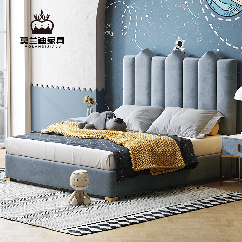 Nordic solid wood fabric children's bed boy storage bed light luxury bedroom furniture teenager boy castle bed