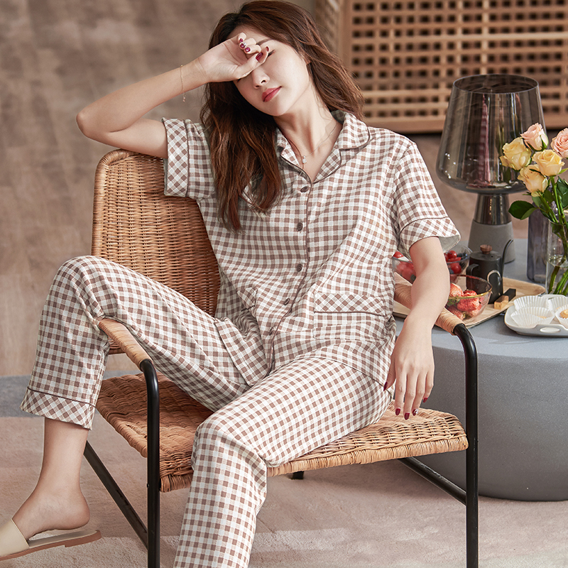 Summer 2026 Pure Cotton Women's Pajamas Cardigan Short-Sleeved Long Pants Small Lapel Plaid Home Wear Front Button Thin Style