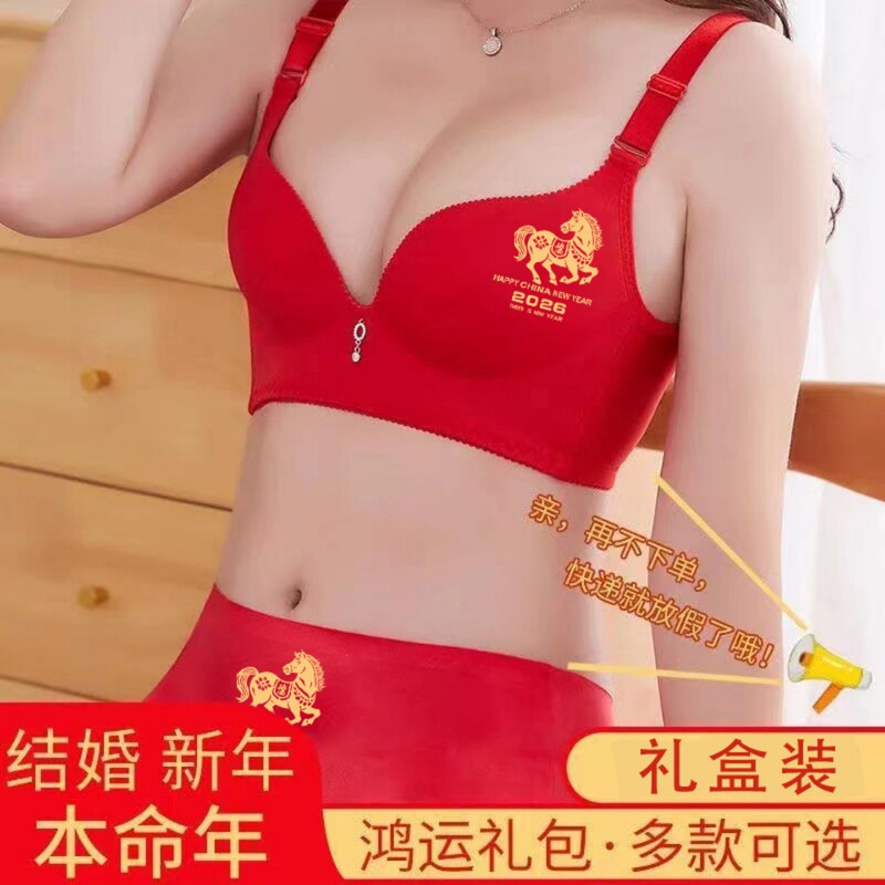 New Year of the Horse Red Seamless Women's Underwear, Zodiac Year Wireless Bra, Wedding Gift Underwear Bra Set Gift Box
