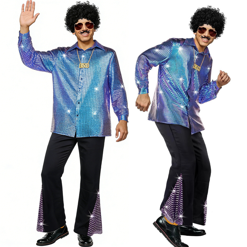 Cool Blue Sequin Disco Long-Sleeved Shirt, Bell-Bottom Pants, Shirt, Wig Full Set Dj Performance Costume, Plus Size Men Cool Blue Sequin Disco Long-Sleeved Shirt, Bell-Bottom Pants, Shirt, Wig Full Set Dj Performance Costume, Plus Size Men