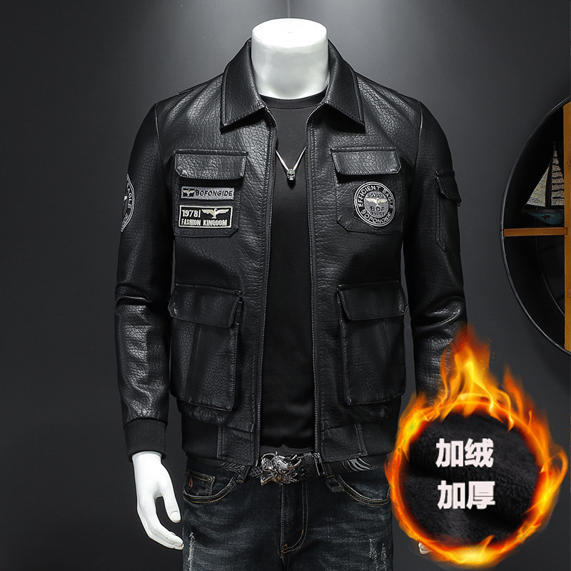 Personalized Eagle Embroidery Patch Multi-Pocket Fleece-Lined Leather Jacket for Men, Short Style, Height-Enhancing American-Style Genuine Leather Motorcycle Jacket