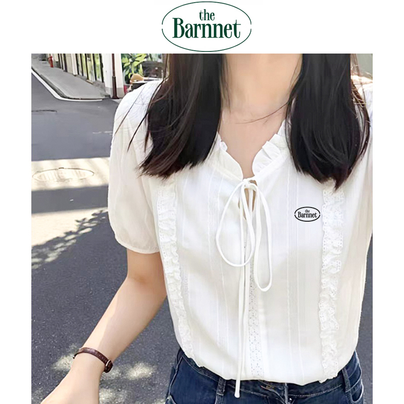 [Official Authentic Product] Korean the Barnnet French Lace-Up White Short-Sleeve Shirt for Women Summer