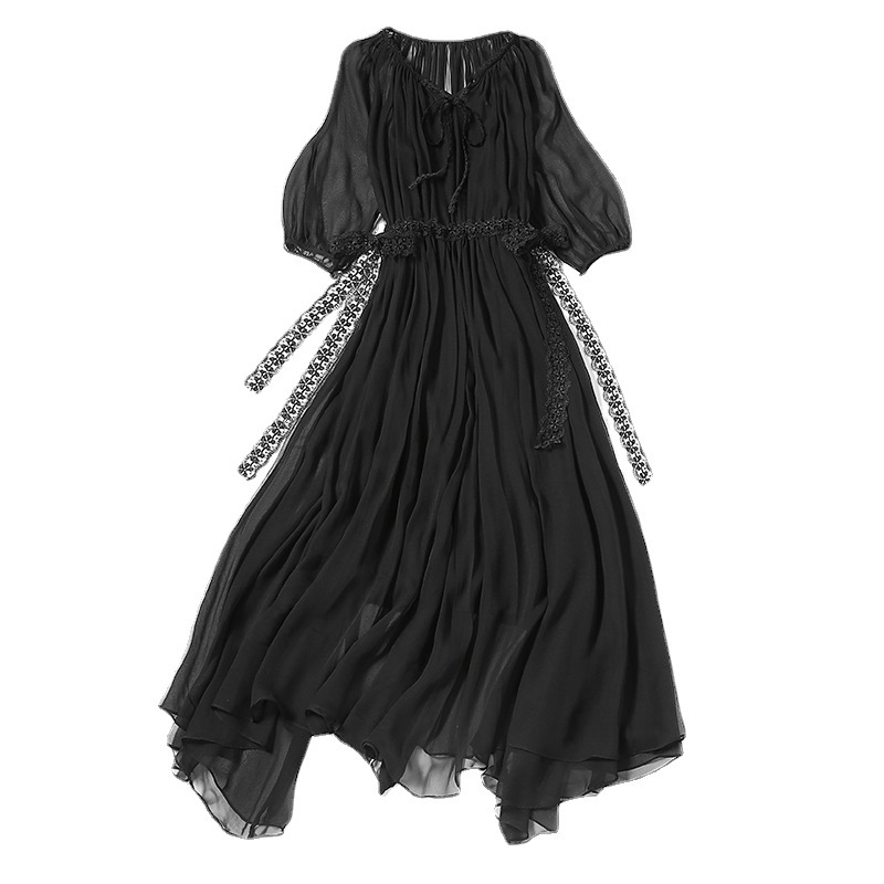 Black Silk Mulberry Silk Dress for Women, Summer Style, International Brand, Three-Quarter Sleeves, Waist-Cinching, Slimming, Irregular Long Dress Black Silk Mulberry Silk Dress for Women, Summer Style, International Brand, Three-Quarter Sleeves, Waist-Cinching, Slimming, Irregular Long Dress