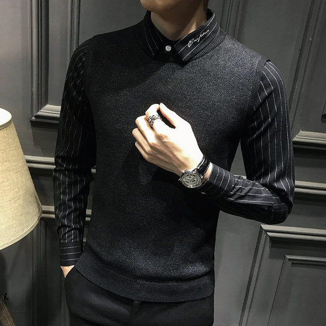 Autumn and winter shirt collar fake two-piece sweater men's business sweater trendy velvet thickened warm sweater top