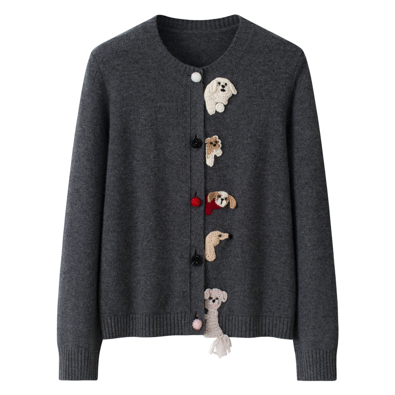 Cashmere Sweater for Women, Round Neck Cardigan, Cartoon Puppy Decorative Buttons, Pure Handmade Knitted Top, Fashionable and Unique Wool Sweater Cashmere Sweater for Women, Round Neck Cardigan, Cartoon Puppy Decorative Buttons, Pure Handmade Knitted Top, Fashionable and Unique Wool Sweater