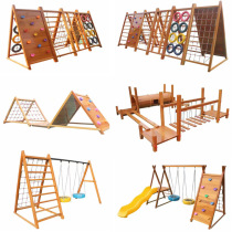 Kindergarten climbing frame combination childrens outdoor wooden slide platform drill hole climbing net swing bridge swing amusement toy